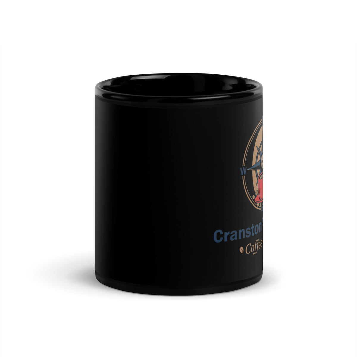 Black glossy mug with partial marine logo on side view, under the official premium Cranston Bean Mariner flagship collection