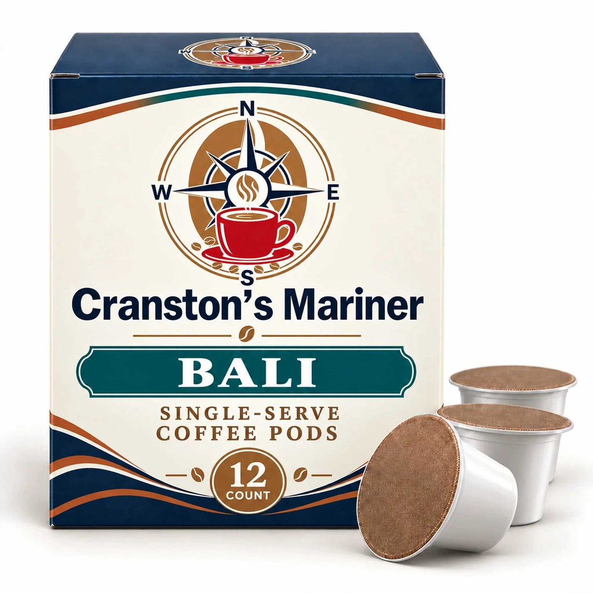 Cranston’s Mariner Bali single-serve coffee pods shown in a cream and navy branded box with a compass and coffee-cup logo, curved decorative stripes and a clearly marked 12-count badge. Three individual white coffee pods sit beside the box on a plain light background. The front panel identifies the coffee origin and single-serve format for the listed twelve-pod pack.