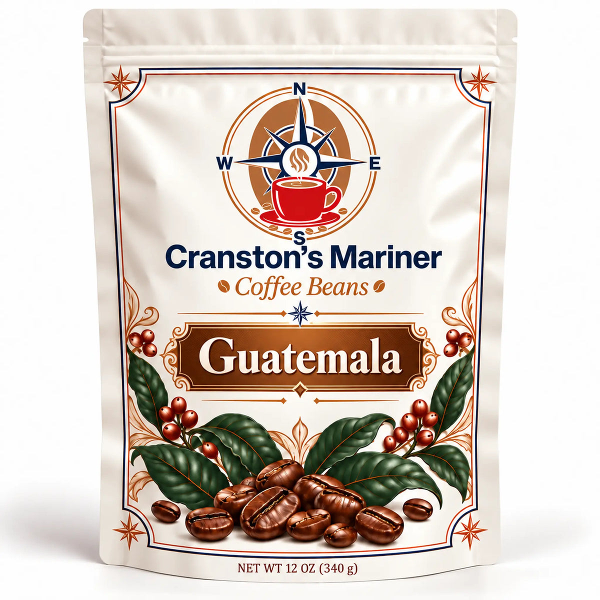 Cream Cranston’s Mariner Guatemala coffee pouch, 12 oz example; actual packaging may differ.