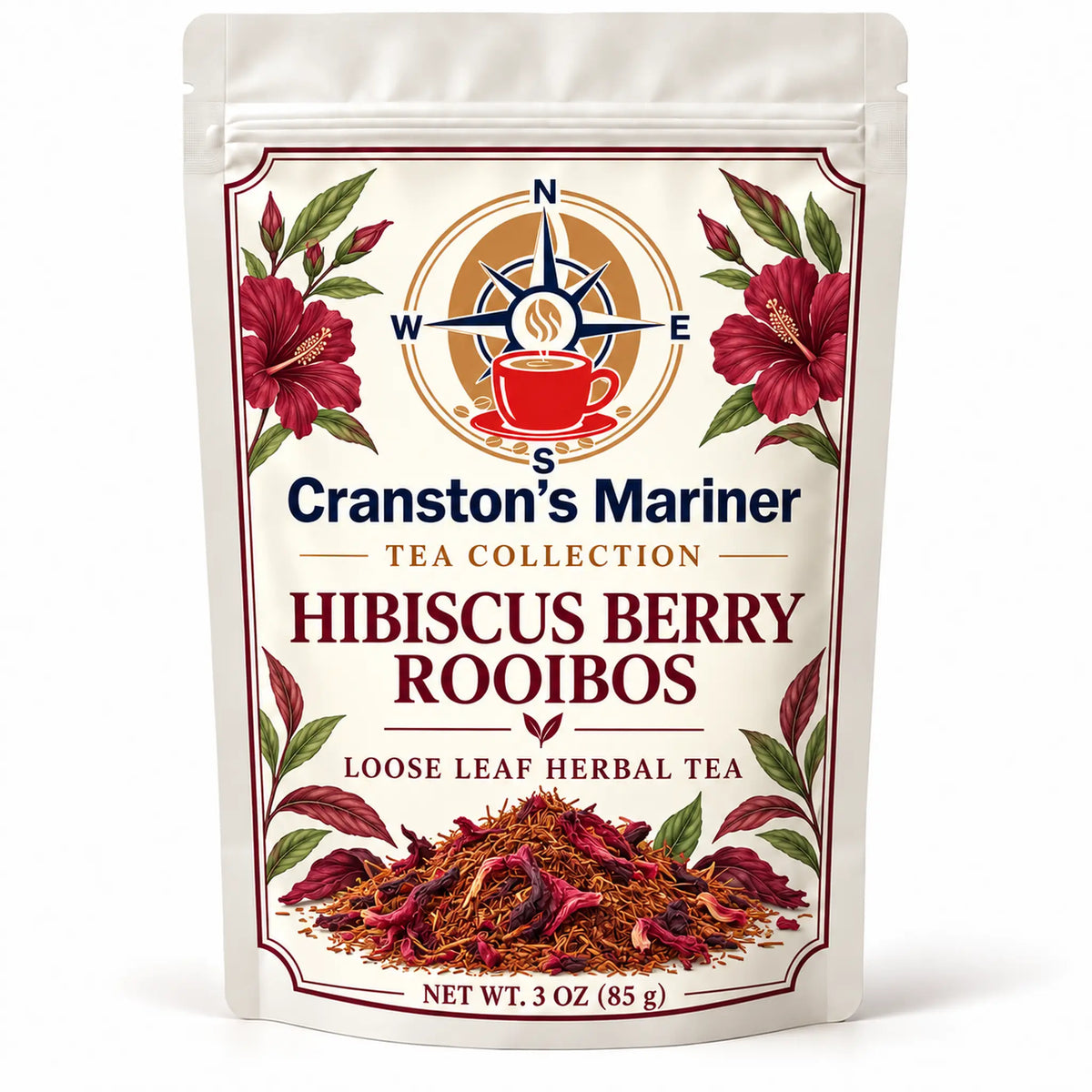 Cream Cranston's Mariner pouch image labeled Hibiscus Berry Rooibos Tea, net wt 3 oz; actual packaging may differ.