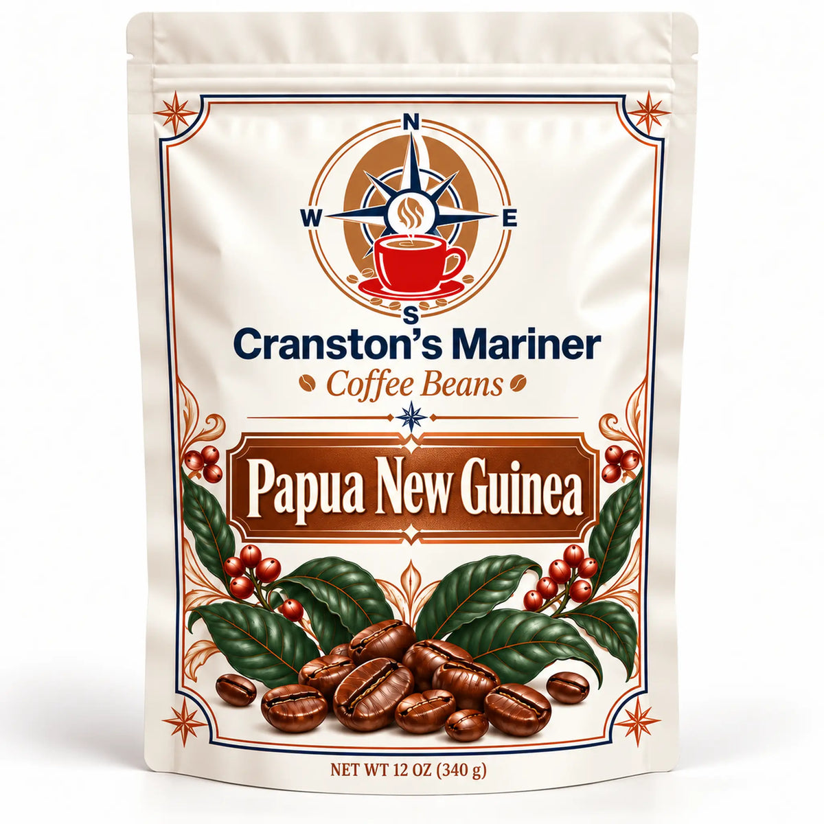 Cream Cranston’s Mariner Papua New Guinea coffee pouch, 12 oz example; actual packaging may differ.
