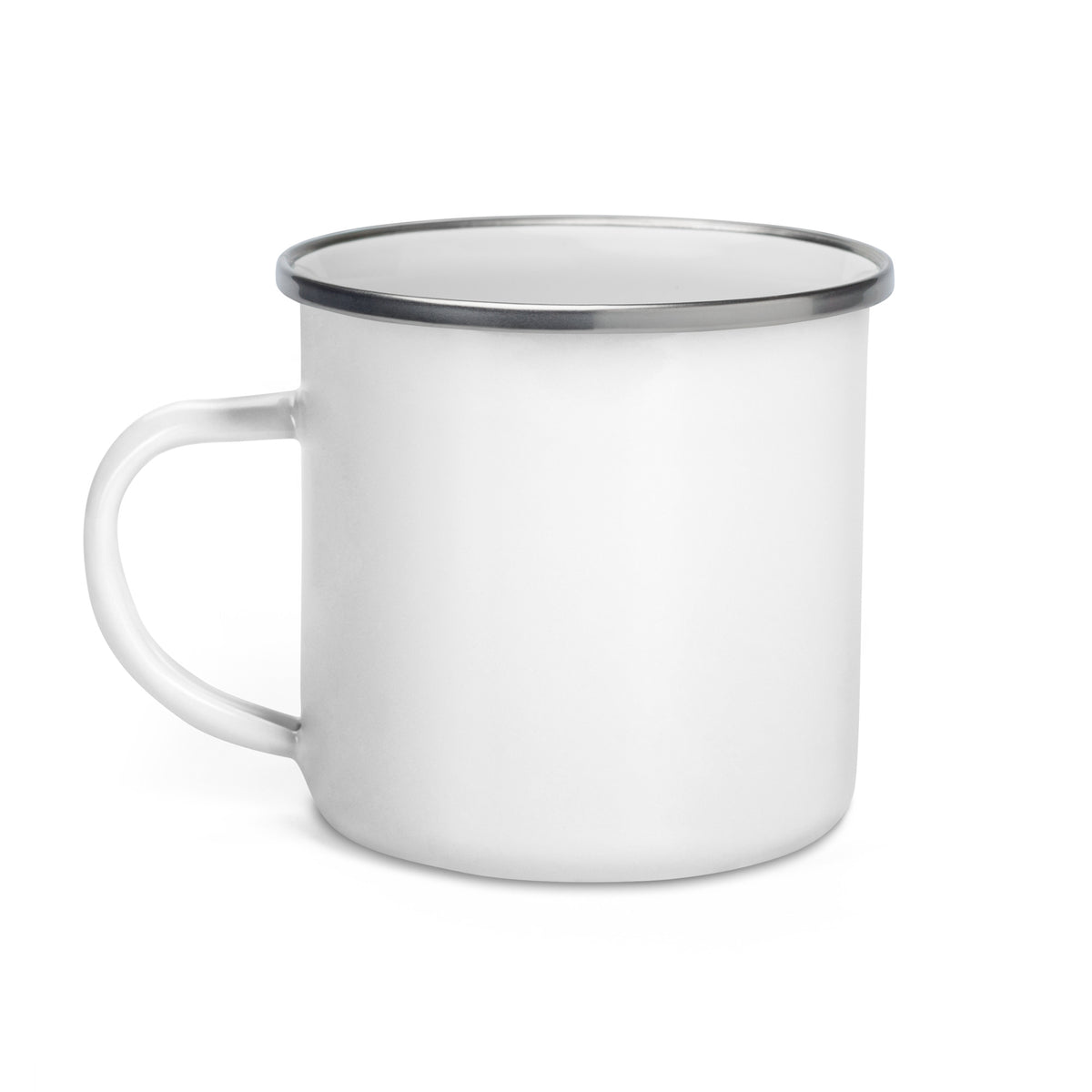 White retro campfire enamel mug featuring the official Cranston Bean Mariner logo graphic print, plain front for outdoor use