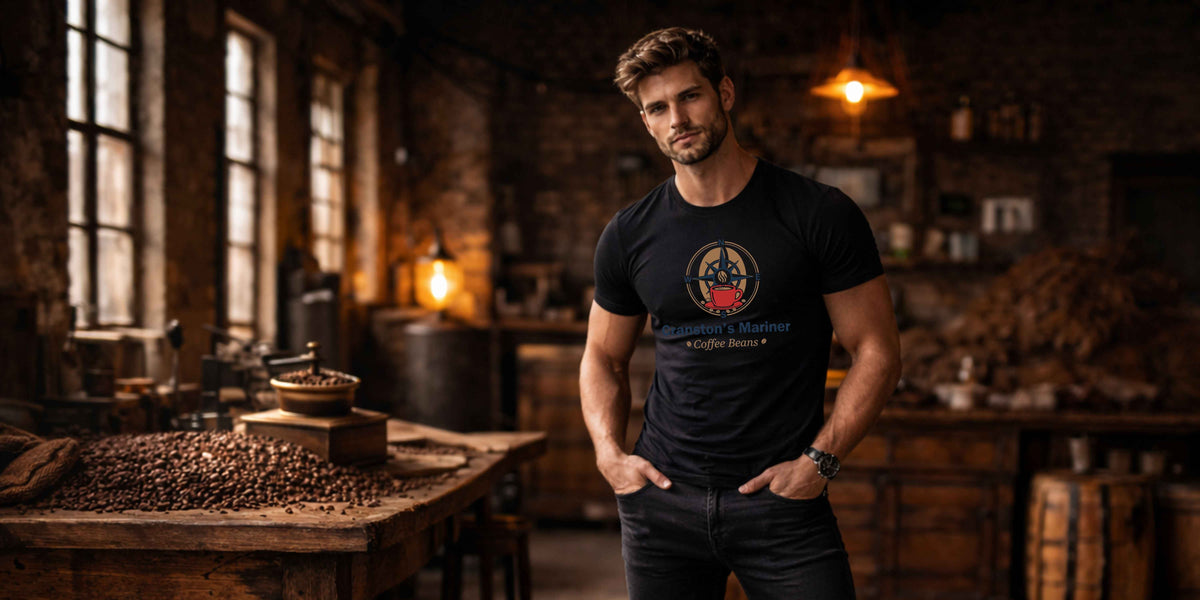 Cranston's Mariner Coffee Beans men's black graphic t-shirt – premium maritime coffee brand tee