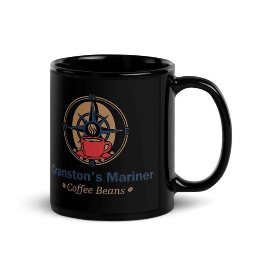 Black glossy mug with curved handle, featuring the store symbolic brand crest logo from the Cranston Bean Mariner collection