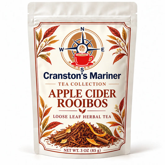 Cream Cranston's Mariner pouch image labeled Apple Cider Rooibos Tea, net wt 3 oz; actual packaging may differ.