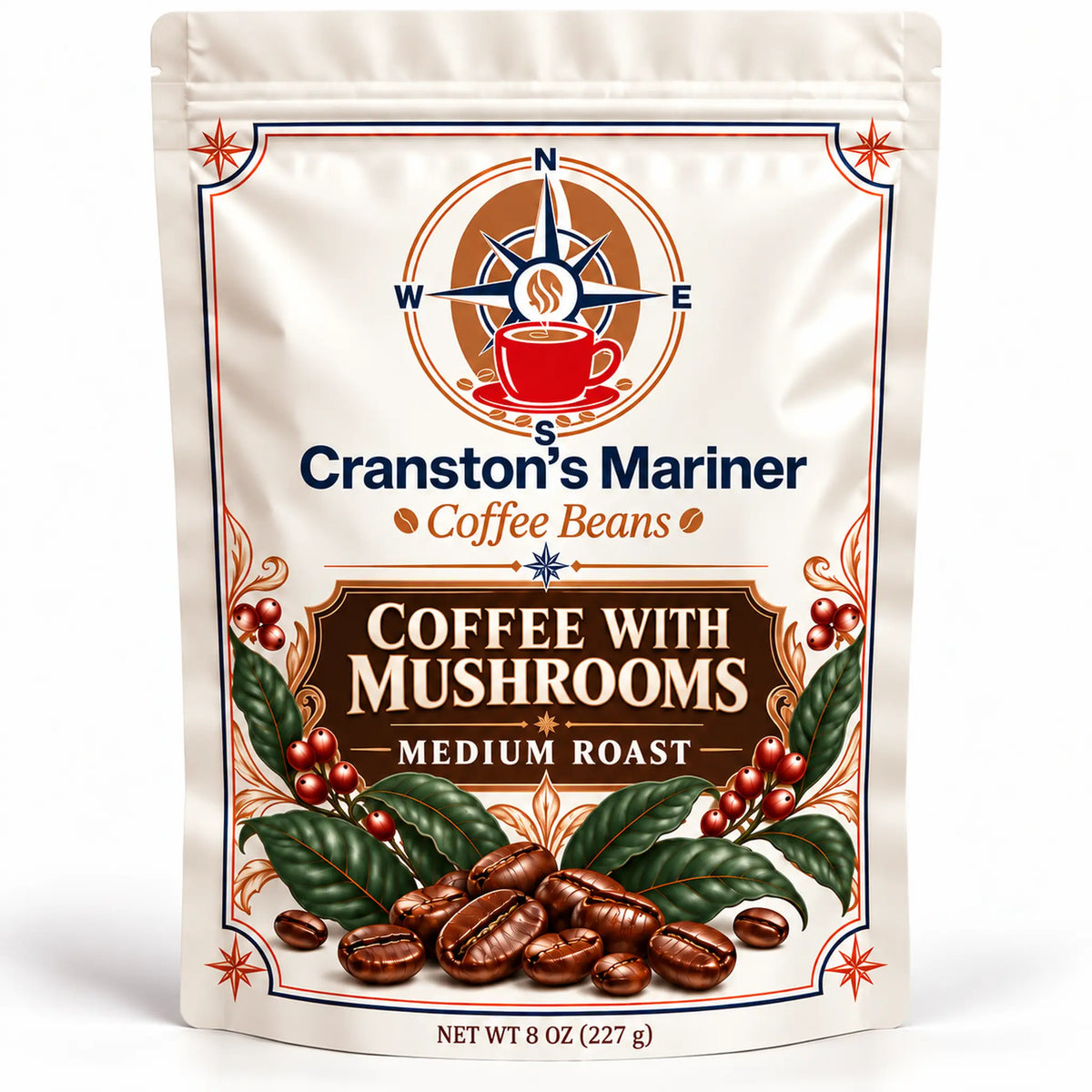 Cream Cranston’s Mariner Coffee with Mushrooms Medium Roast coffee pouch, 8 oz example; actual packaging may differ.