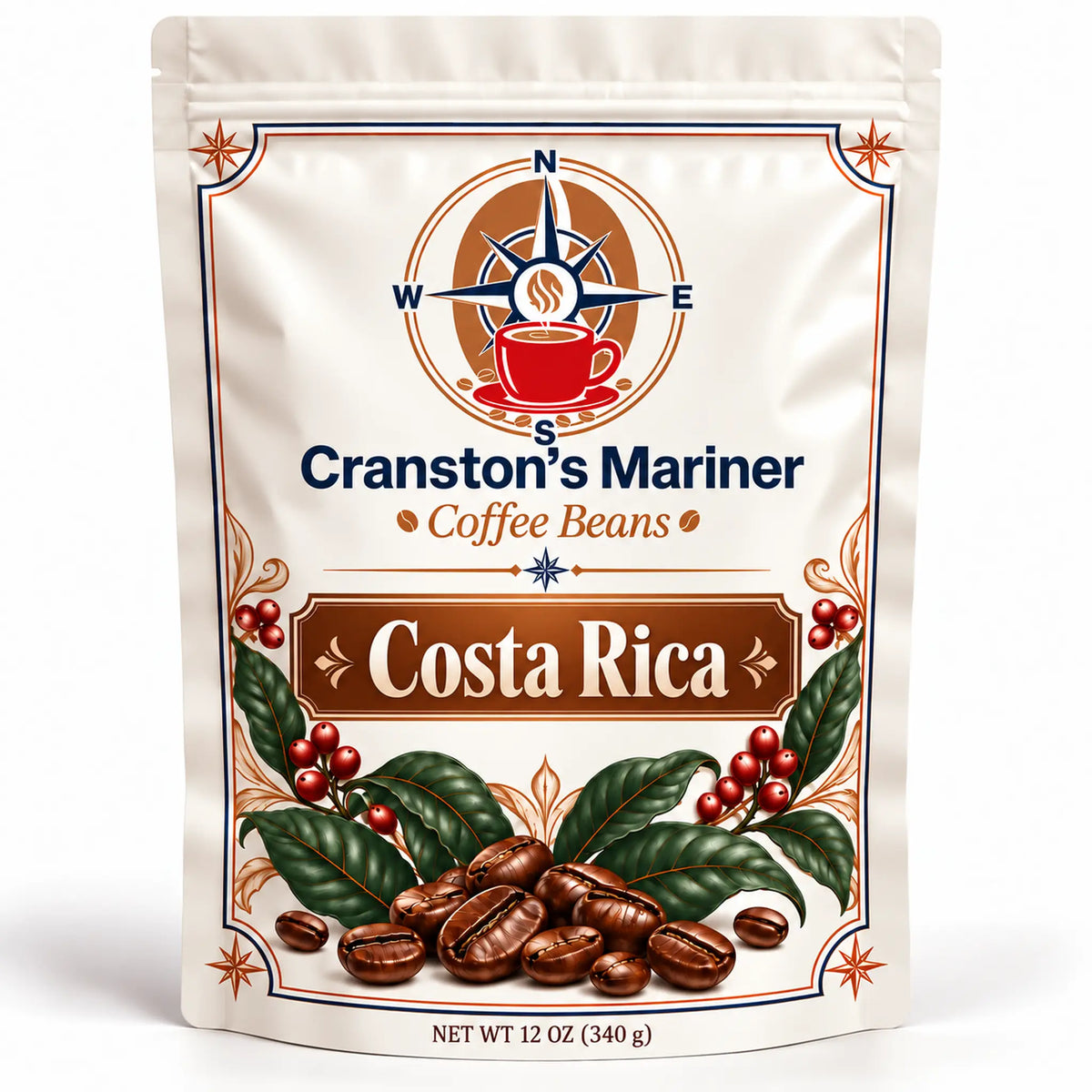 Cream Cranston’s Mariner Costa Rica coffee pouch, 12 oz example; actual packaging may differ.