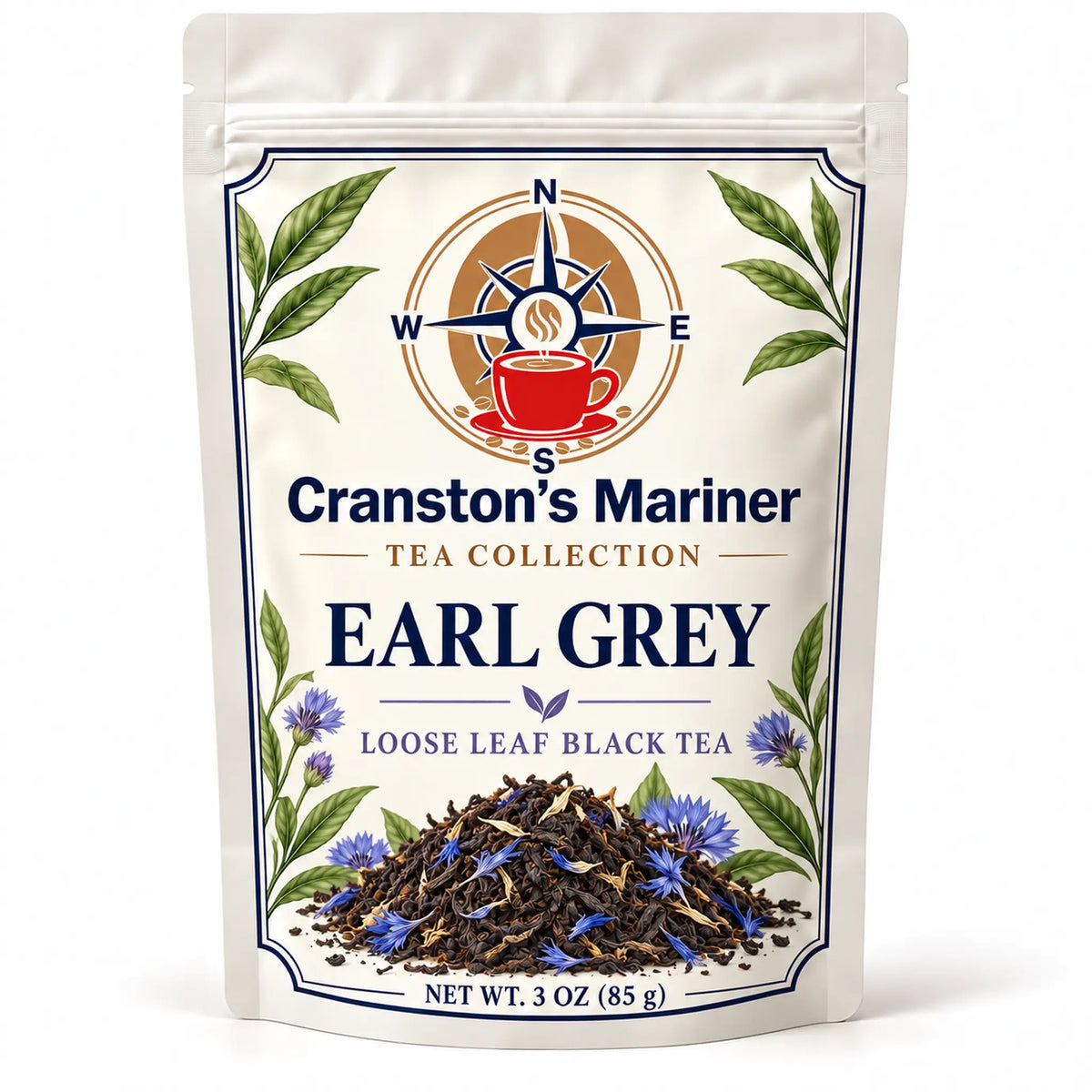 Cream Cranston's Mariner pouch image labeled Earl Grey Loose Leaf Tea, net wt 3 oz; actual packaging may differ.
