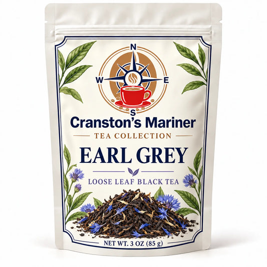 Cream Cranston's Mariner pouch image labeled Earl Grey Loose Leaf Tea, net wt 3 oz; actual packaging may differ.