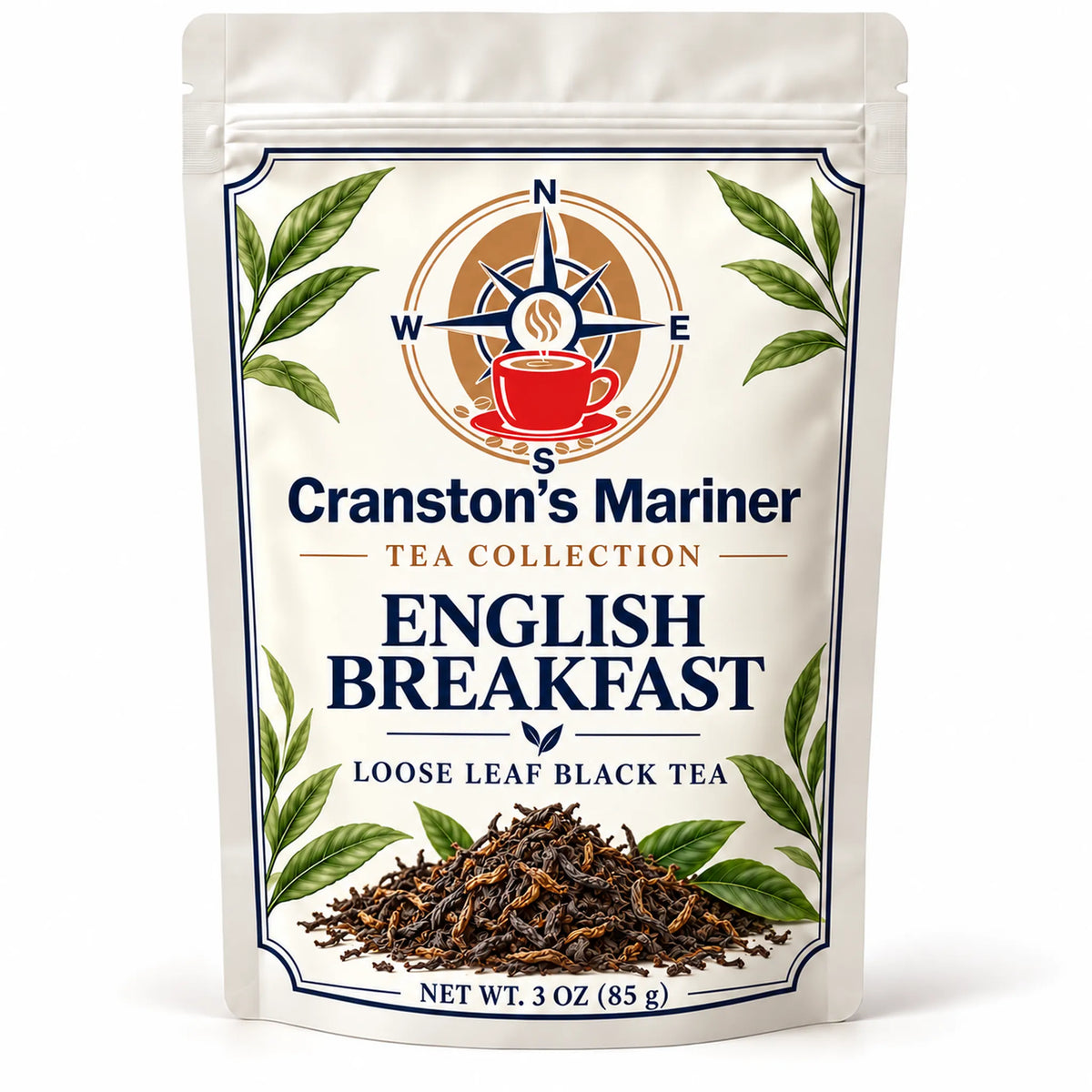 Cream Cranston's Mariner pouch image labeled English Breakfast Loose Leaf Tea, net wt 3 oz; actual packaging may differ.
