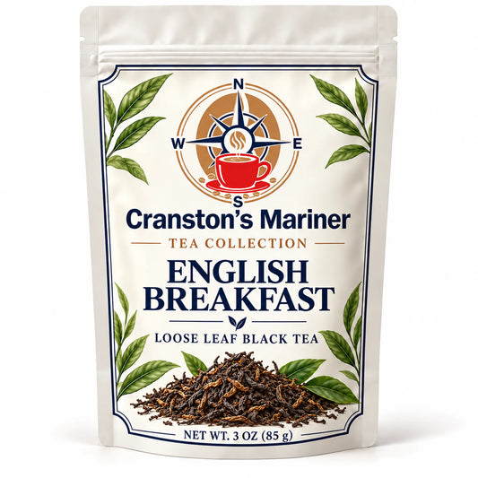 Cream Cranston's Mariner pouch image labeled English Breakfast Loose Leaf Tea, net wt 3 oz; actual packaging may differ.