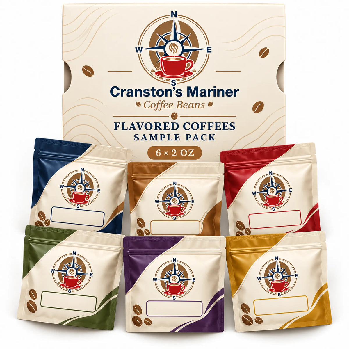 Cranston's Mariner Flavored Coffees Sample Pack image showing six small coffee pouches; actual packaging may differ.
