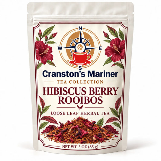Cream Cranston's Mariner pouch image labeled Hibiscus Berry Rooibos Tea, net wt 3 oz; actual packaging may differ.