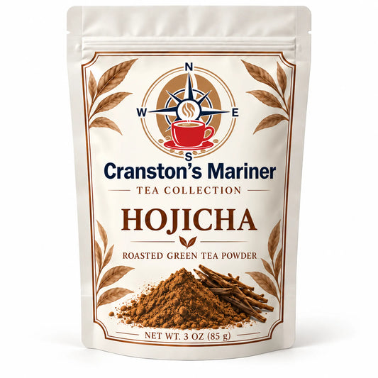 Cranston's Mariner Hojicha Roasted Green Tea Powder packaging features the store's distinct compass logo and a tea pile heap