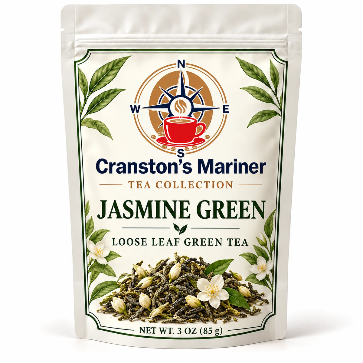 Cream Cranston's Mariner pouch image labeled Jasmine Green Loose Leaf Tea, net wt 3 oz; actual packaging may differ.
