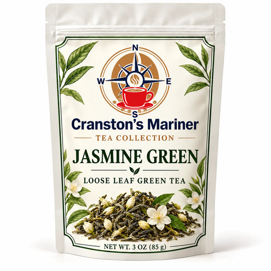 Cream Cranston's Mariner pouch image labeled Jasmine Green Loose Leaf Tea, net wt 3 oz; actual packaging may differ.