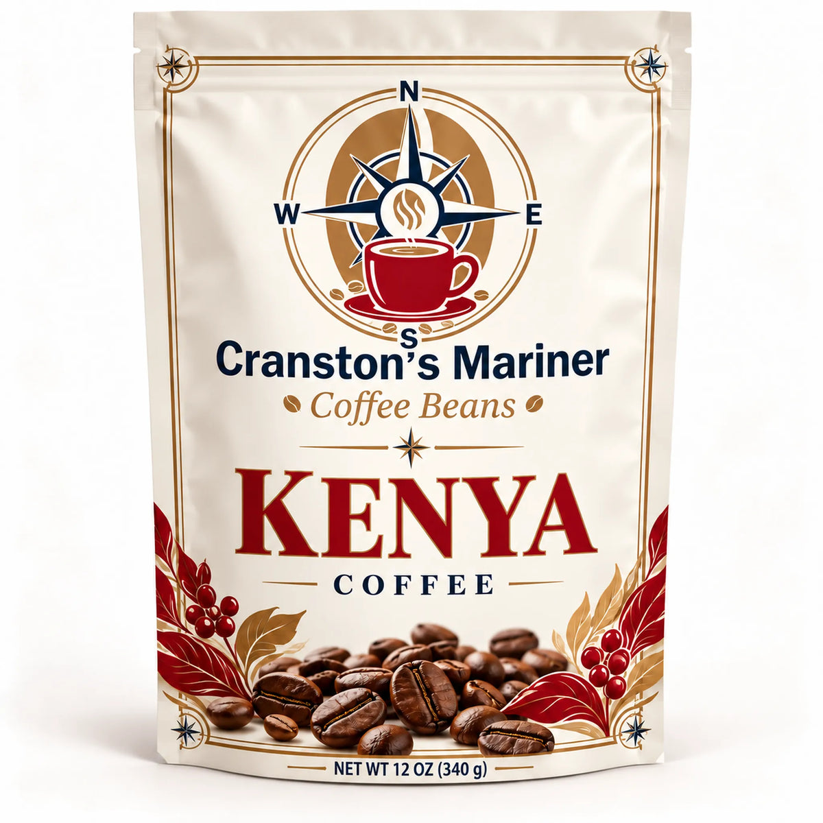 Cream Cranston’s Mariner Kenya coffee pouch, 12 oz example; actual packaging may differ.