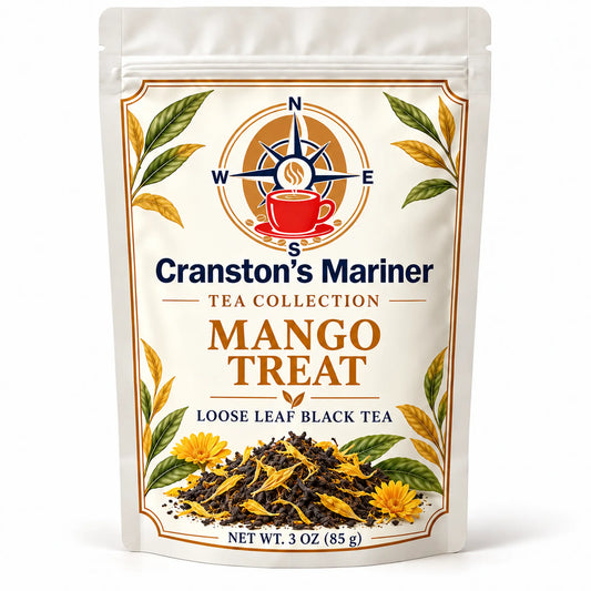 Cream Cranston's Mariner pouch image labeled Mango Treat Loose Leaf Black Tea, net wt 3 oz; actual packaging may differ.