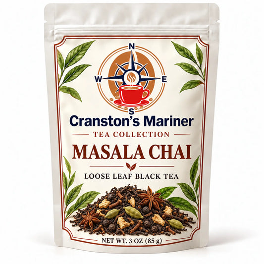 Cream Cranston's Mariner pouch image labeled Masala Chai Loose Leaf Tea, net wt 3 oz; actual packaging may differ.