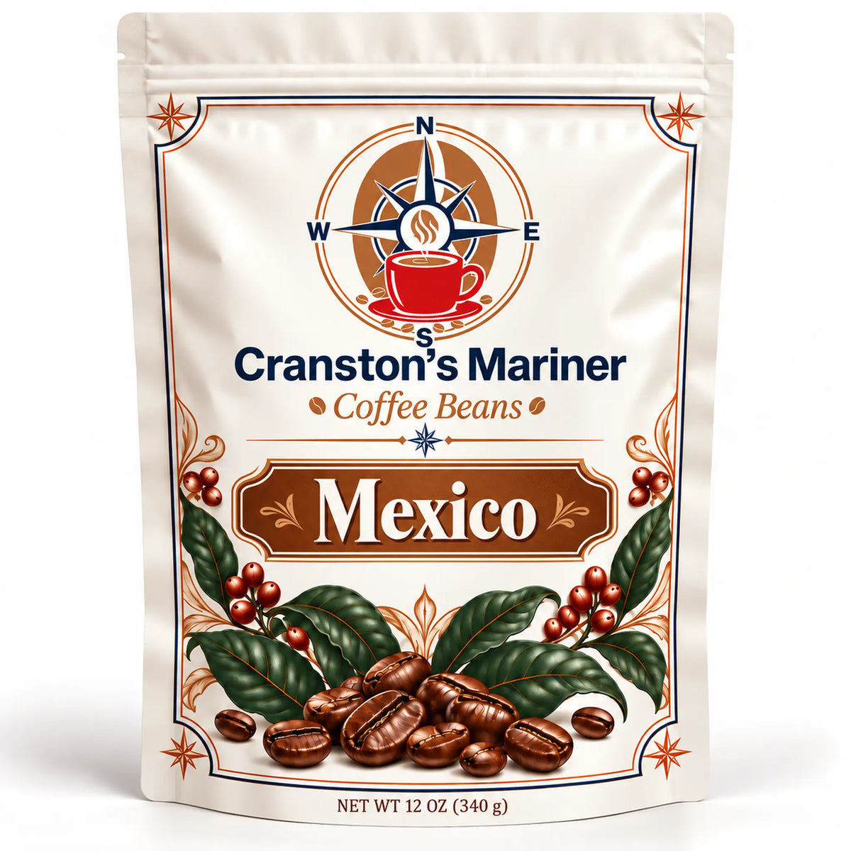 Cream Cranston’s Mariner Mexico coffee pouch, 12 oz example; actual packaging may differ.