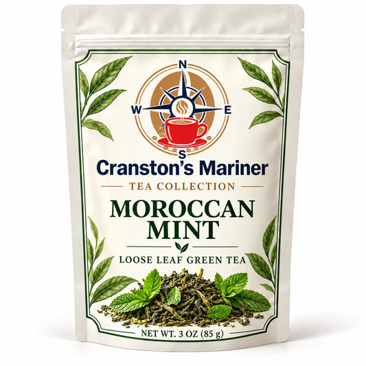 Cream Cranston's Mariner pouch image labeled Moroccan Mint Green Tea, net wt 3 oz; actual packaging may differ.