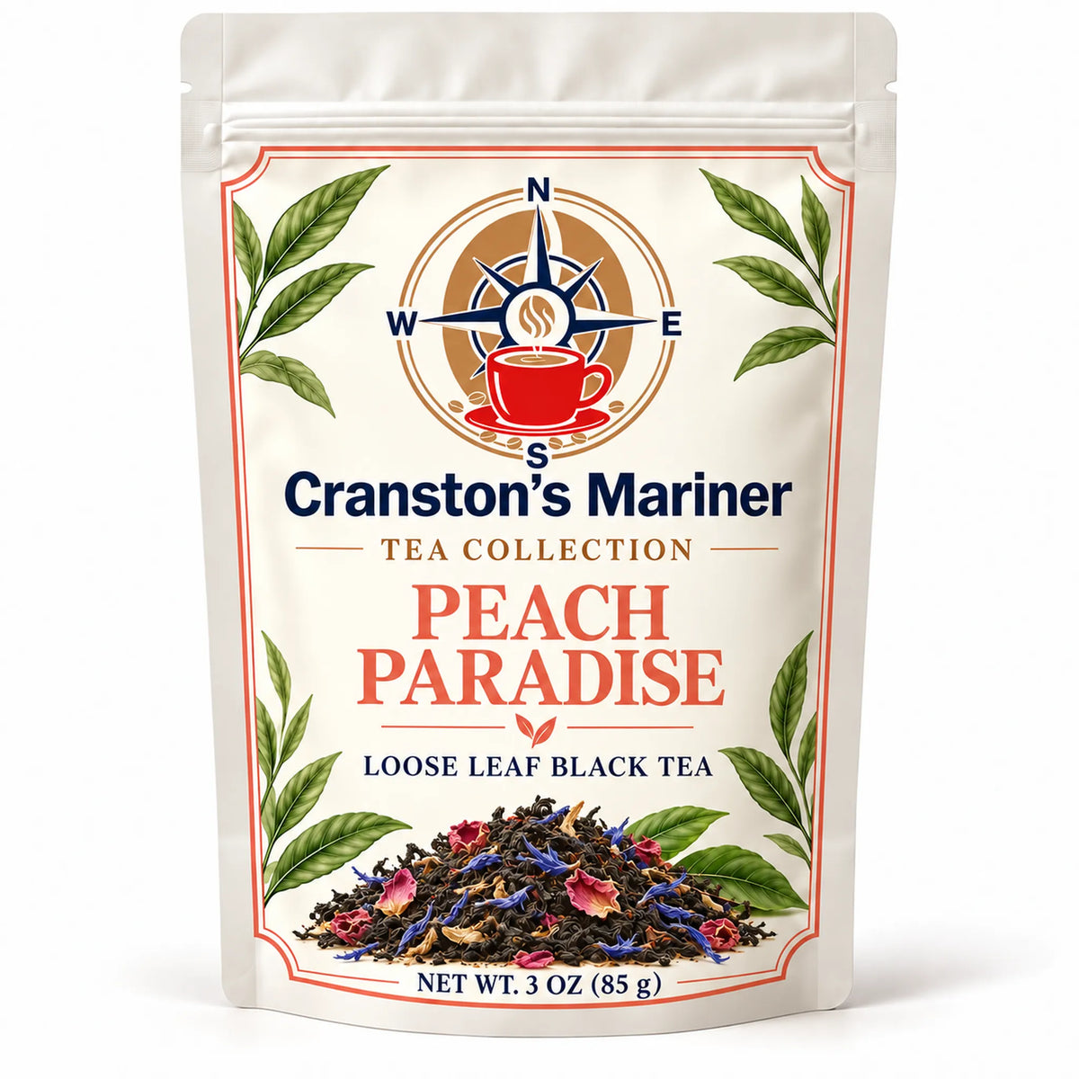 Cream Cranston's Mariner pouch image labeled Peach Paradise Loose Leaf Black Tea, net wt 3 oz; actual packaging may differ.