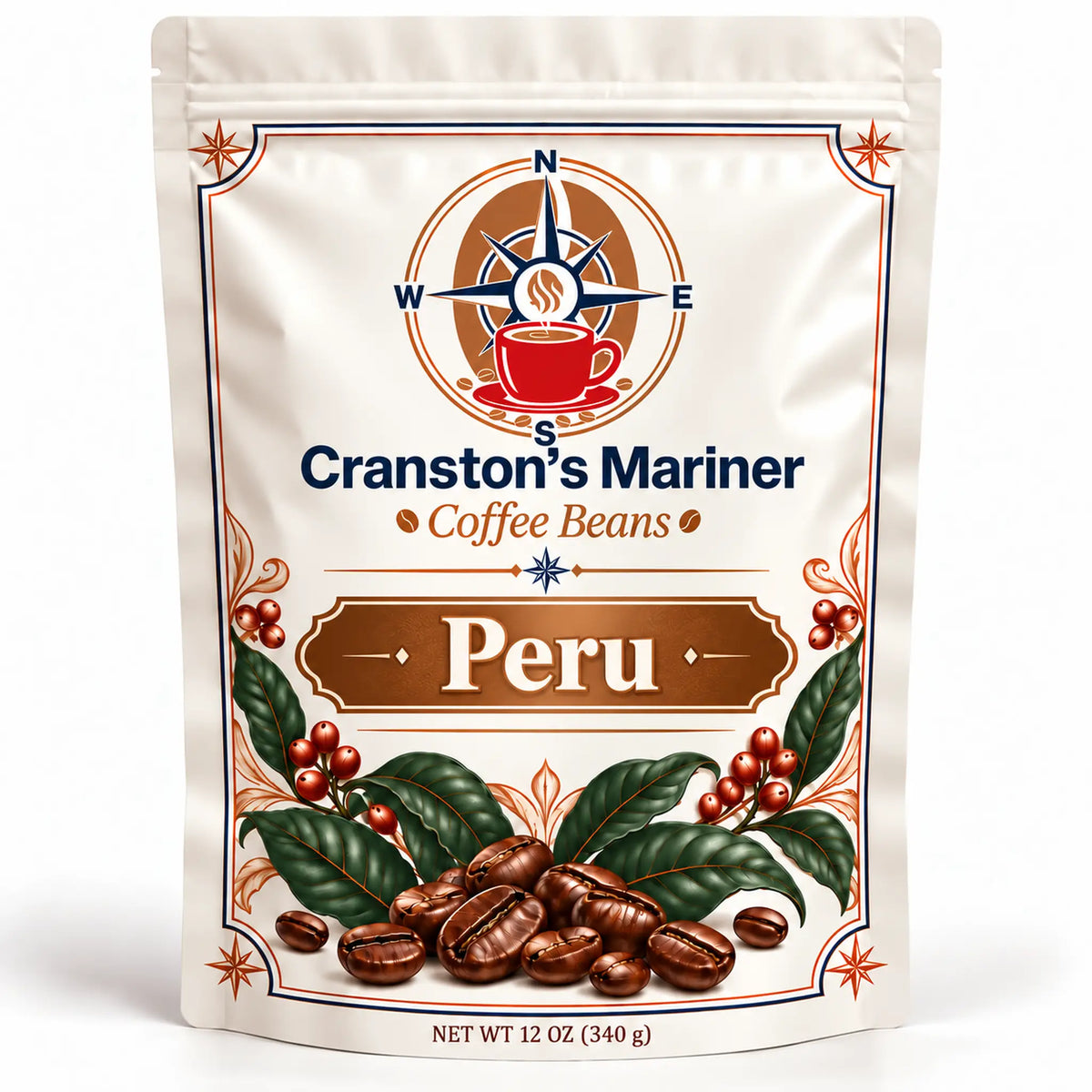 Cream Cranston’s Mariner Peru coffee pouch, 12 oz example; actual packaging may differ.