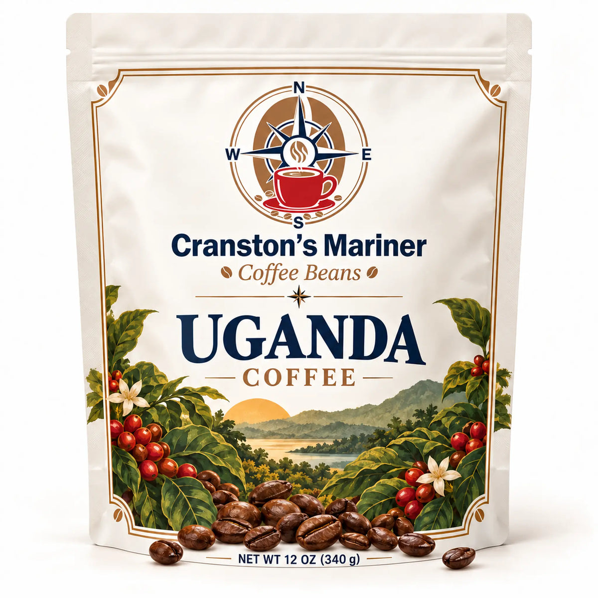 Cream Cranston’s Mariner Uganda coffee pouch, 12 oz example; actual packaging may differ.