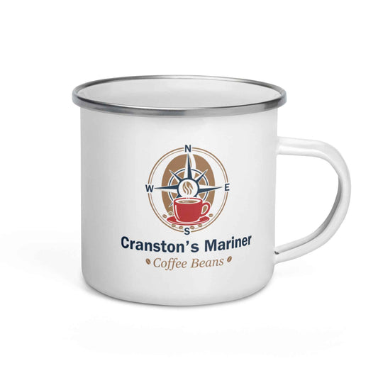 White enamel mug with gray rim and handle, featuring the nautical crest logo by the collection brand of Cranston Bean Mariner