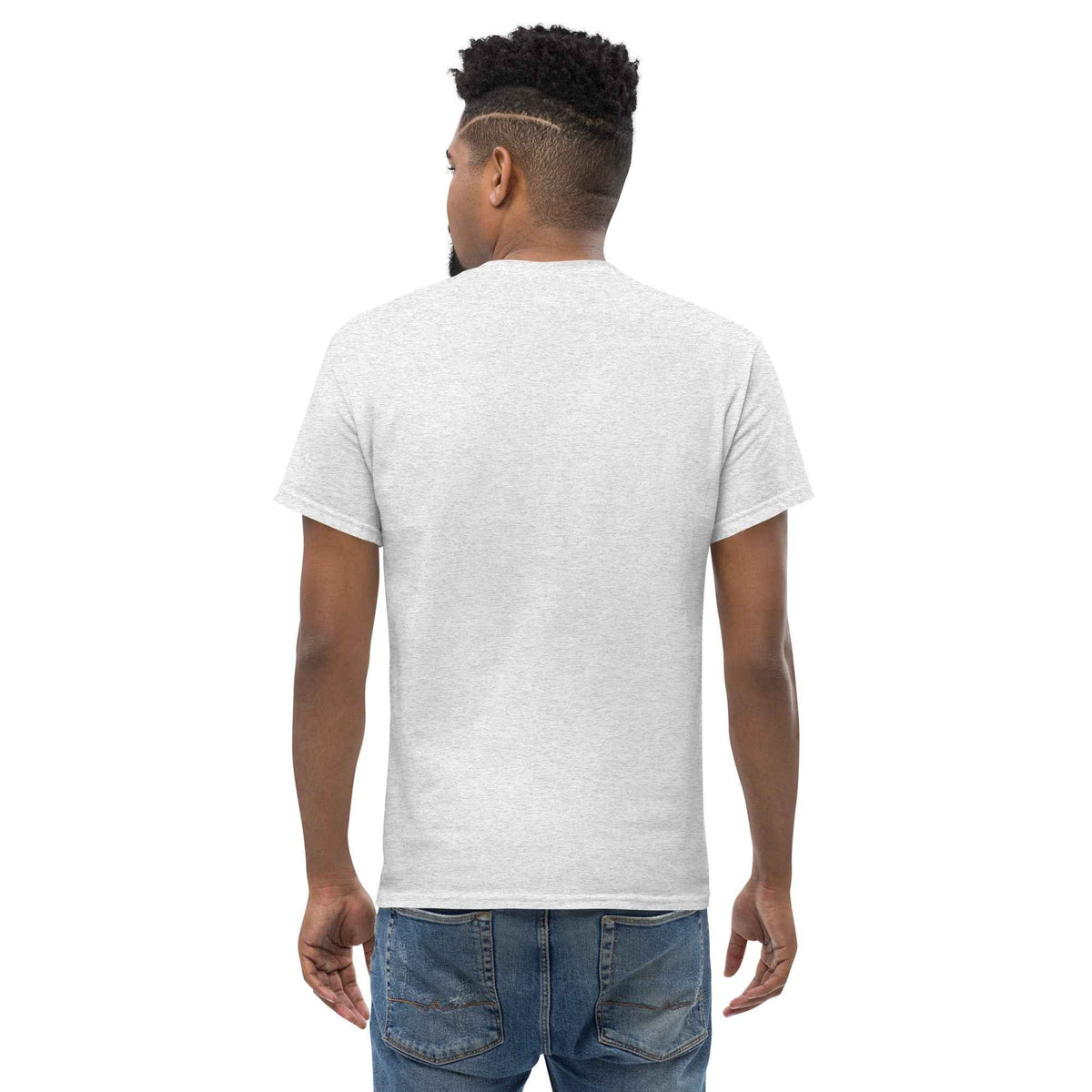Ash unisex classic tee by Cranston Bean Mariner, showing a back graphic print design on male with rear-view looking left now