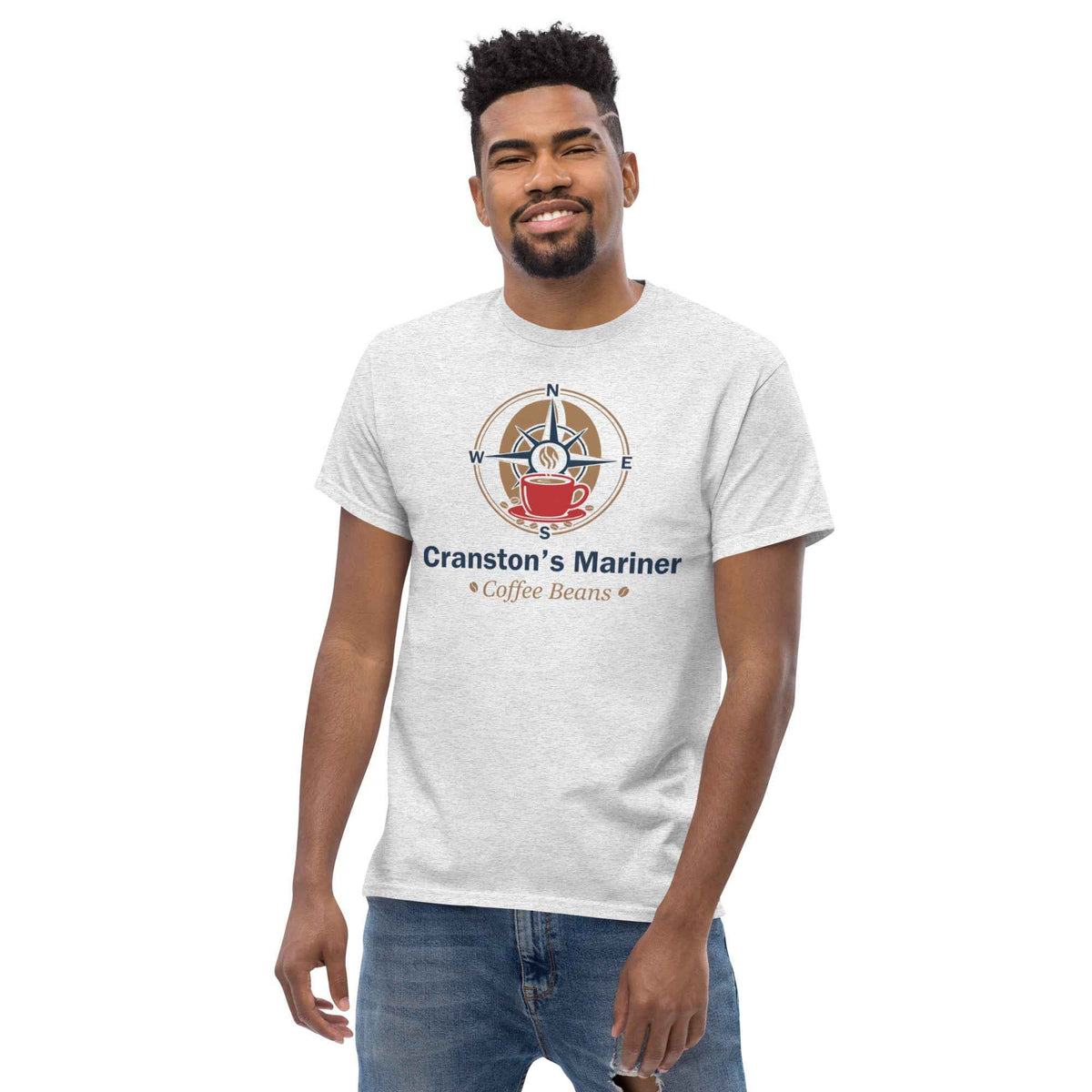 Ash unisex classic tee by Cranston Bean Mariner, displaying our premium coffee crest layout on male leaning slight left side