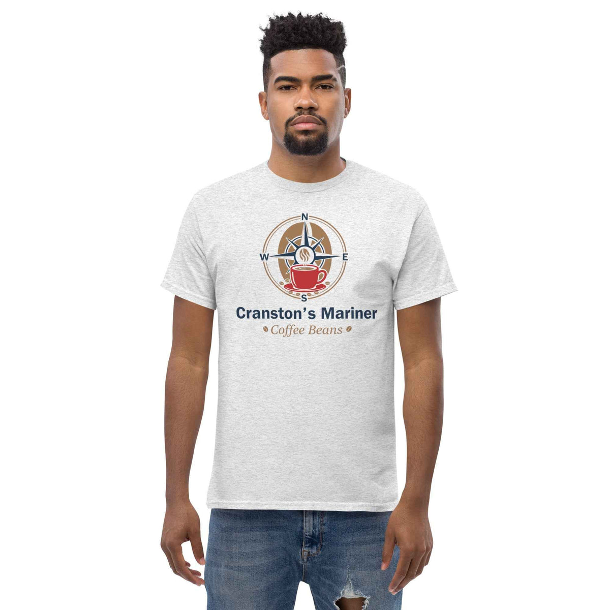 Ash unisex classic tee by Cranston Bean Mariner, featuring a front nautical logo print on male studio model facing forward