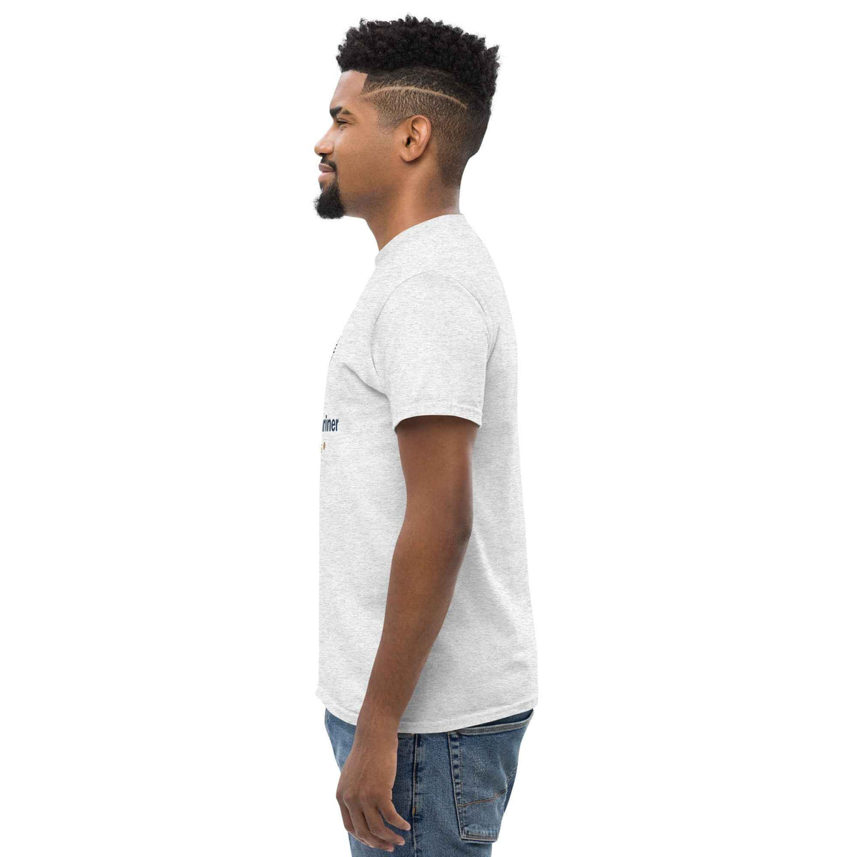 Ash unisex classic tee by Cranston Bean Mariner, displaying our detailed graphic art on male model face to the left view