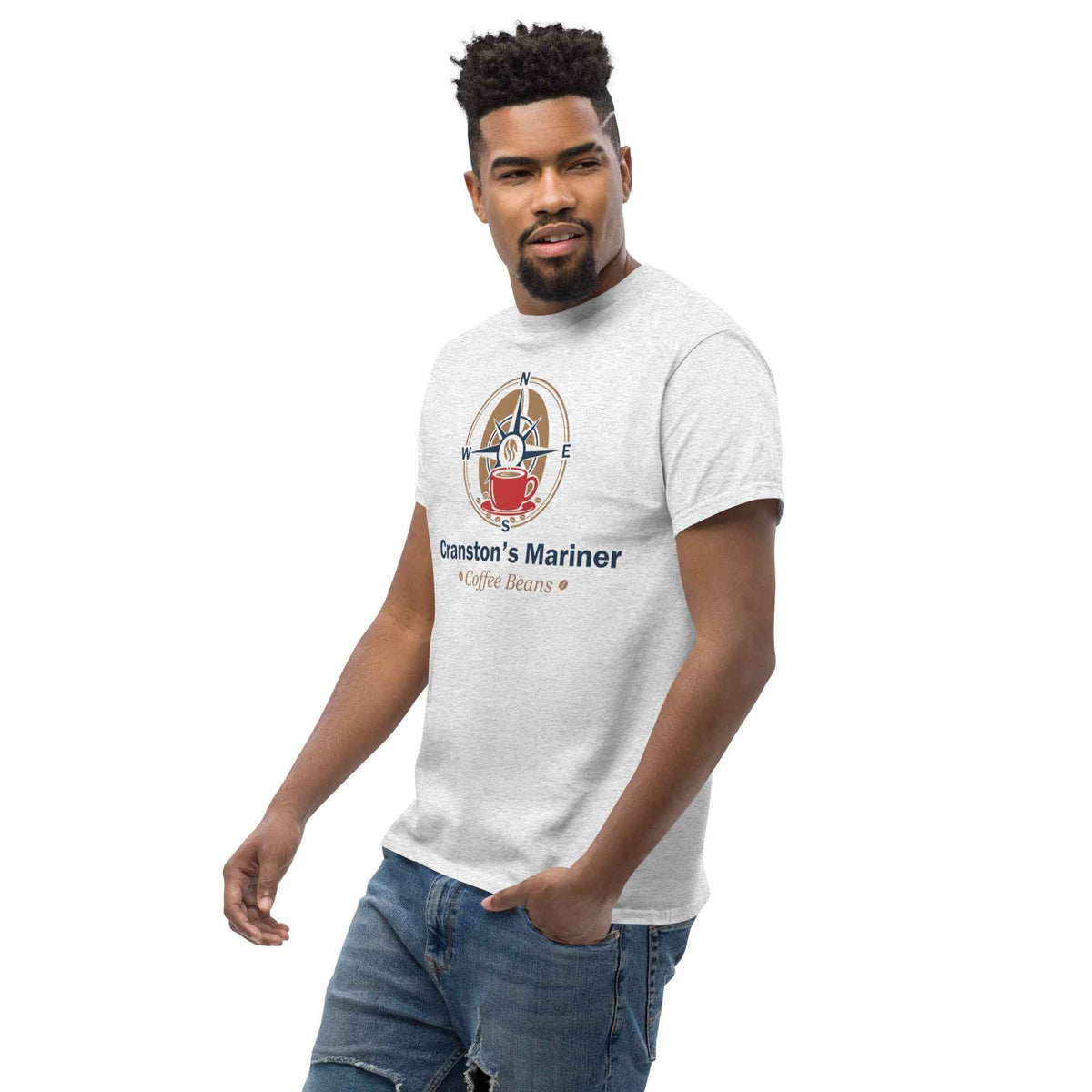 Ash unisex classic tee by Cranston Bean Mariner, featuring a premium apparel fit on male model three quarter leaning left