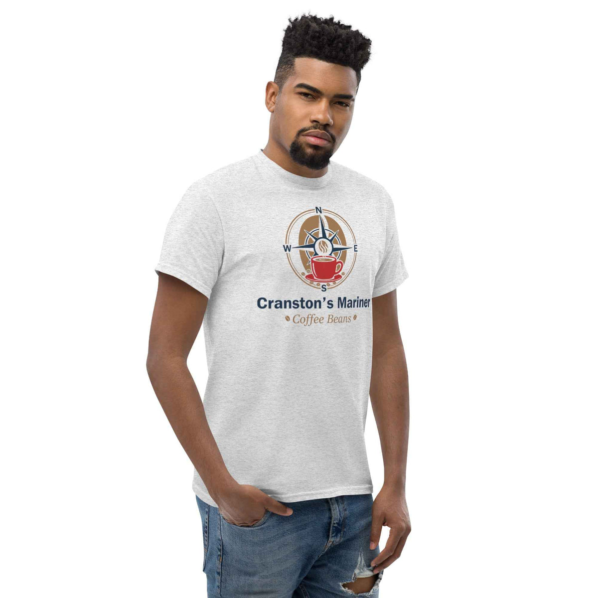 Ash unisex classic tee by Cranston Bean Mariner, presenting a crisp silhouette on a male model three quarter leaning right