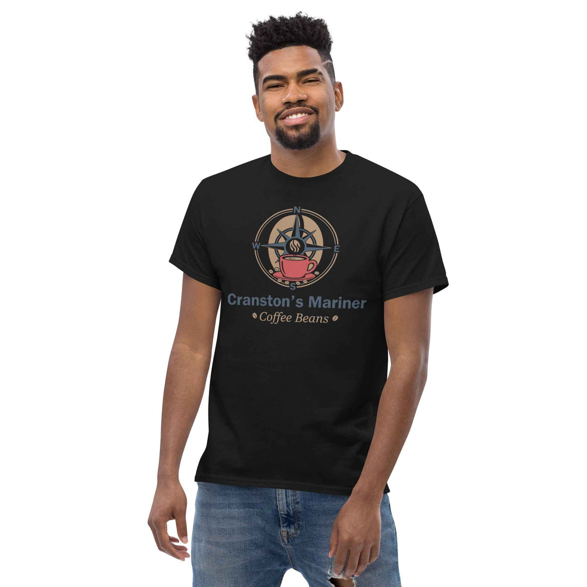 Black unisex cotton tee with Cranston's Mariner Coffee Beans compass and cup graphic design, displayed on a male studio model