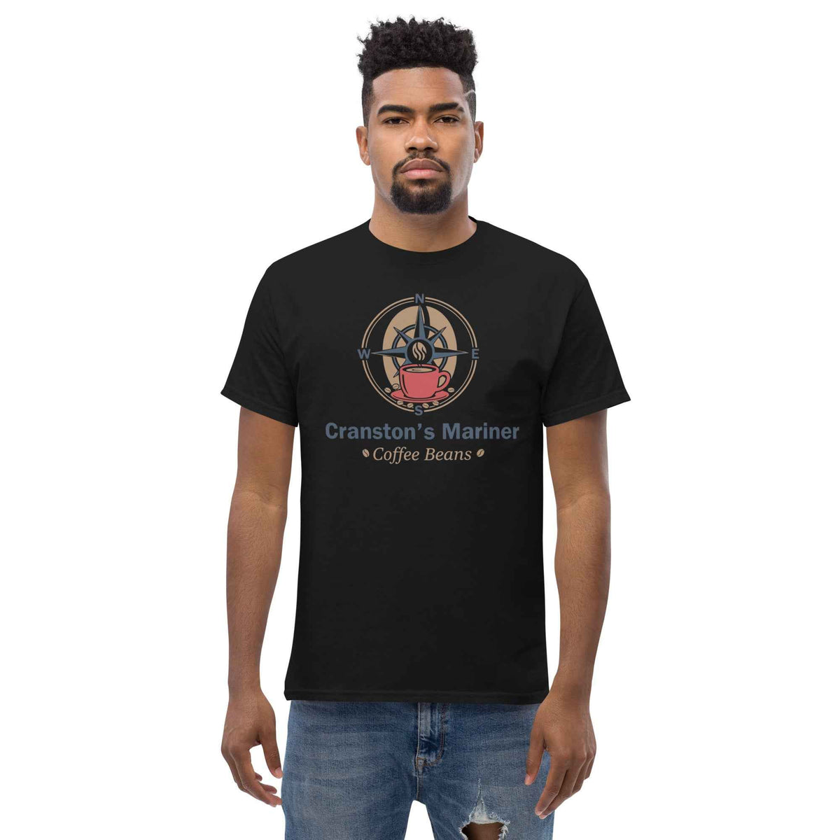 Black unisex cotton t-shirt featuring Cranston's Mariner Coffee Beans maritime logo design, on a male model facing forward 