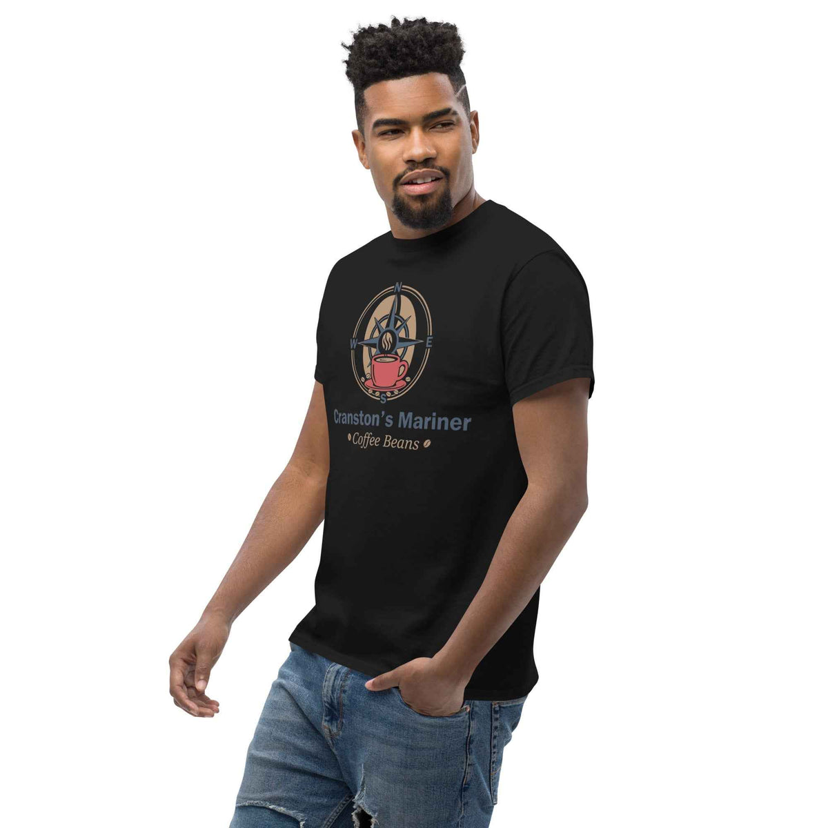 Black unisex cotton tee featuring Cranston's Mariner Coffee Beans logo, three-quarter face left angle on a male studio model