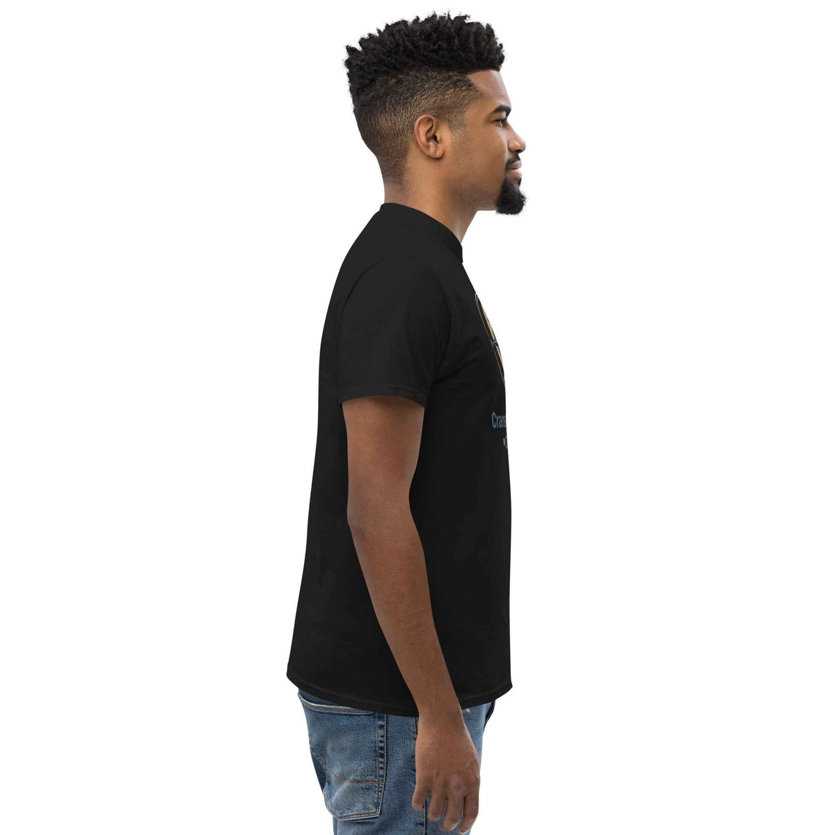 Black unisex t-shirt featuring Cranston's Mariner Coffee Beans logo compass and cup design, on a male model facing right