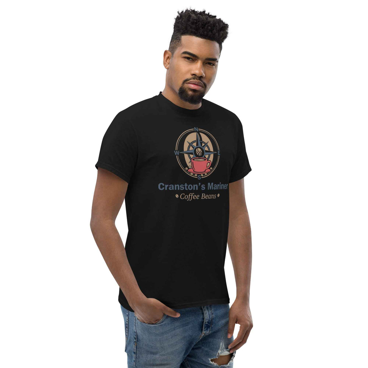Black unisex cotton tee featuring Cranston's Mariner Coffee Beans logo, three-quarter facing right on a male studio mode