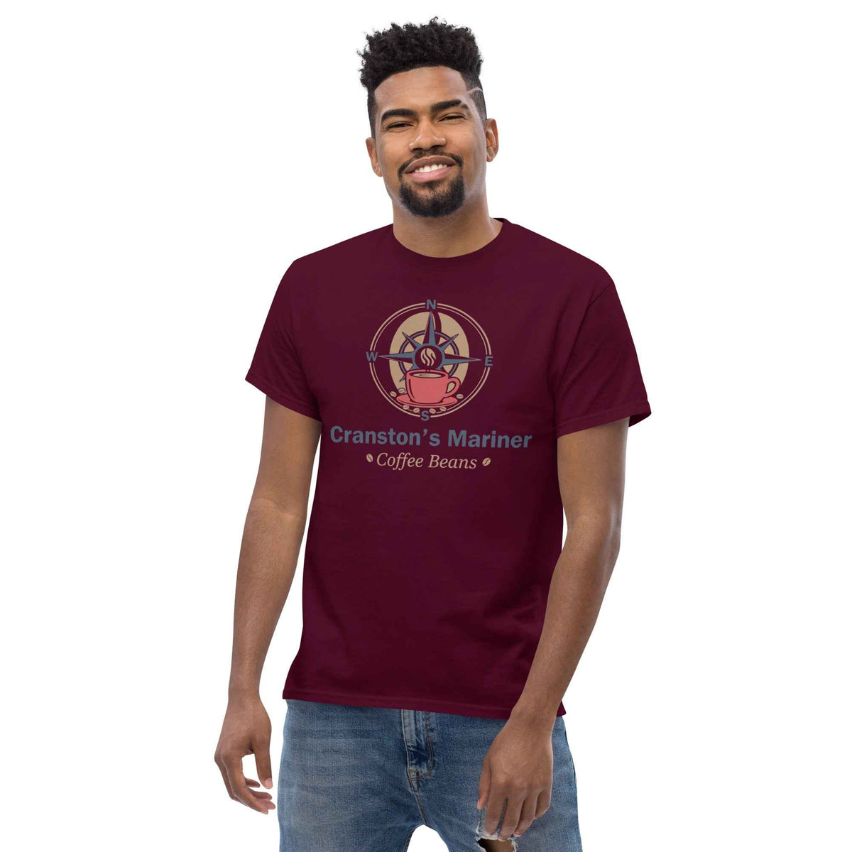 Maroon unisex classic cotton tee featuring Cranston's Mariner Coffee Beans compass and cup graphic design, on a male model