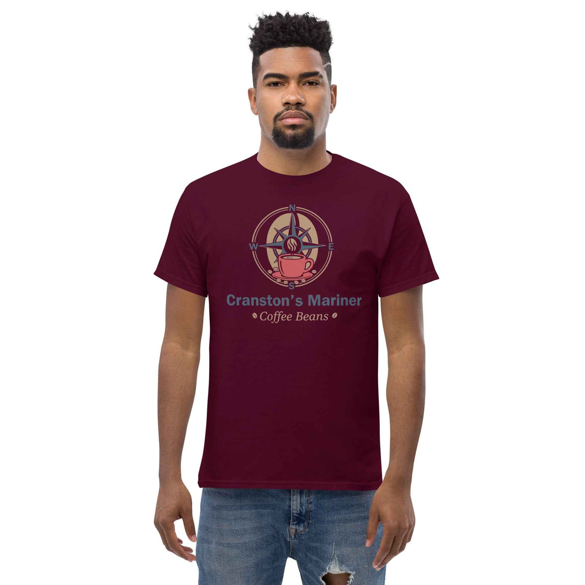 Maroon unisex t-shirt with Cranston's Mariner Coffee Beans compass and cup graphic design, displayed on a male studio model