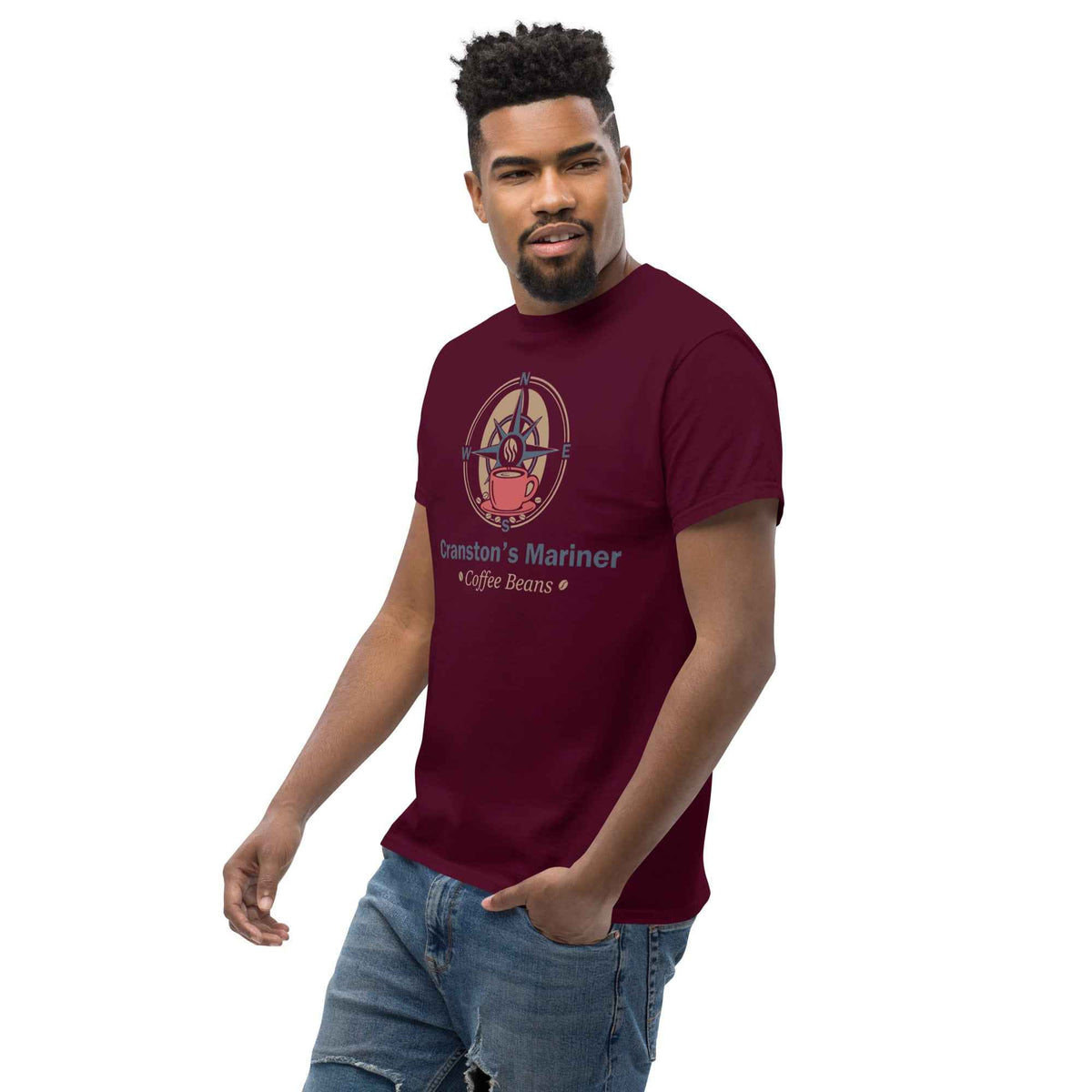 Maroon unisex classic tee: front three-quarter angle view on a male model, set against a seamless bright studio backdrop