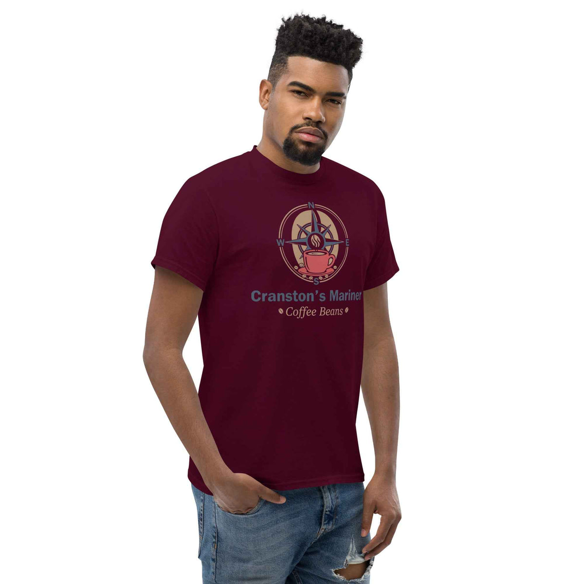 Maroon unisex cotton t-shirt with Cranston's Mariner Coffee Beans compass and cup graphic design, displayed on a male model