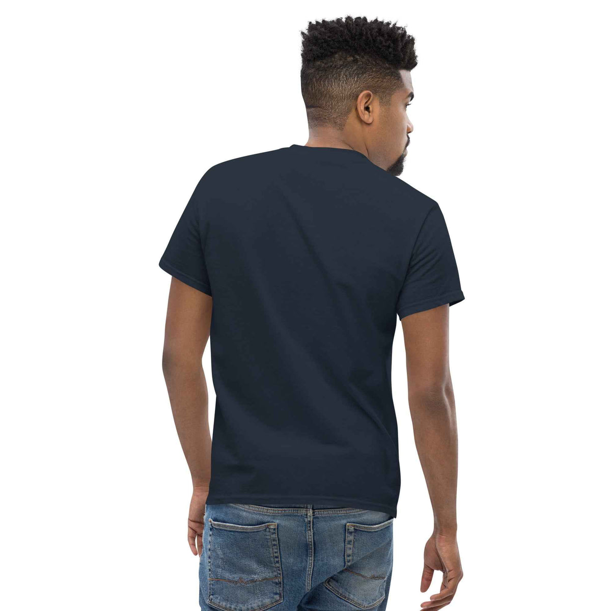 Navy blue unisex classic tee with Cranston's Mariner Coffee Beans compass design, three-quarter rear on a male studio model