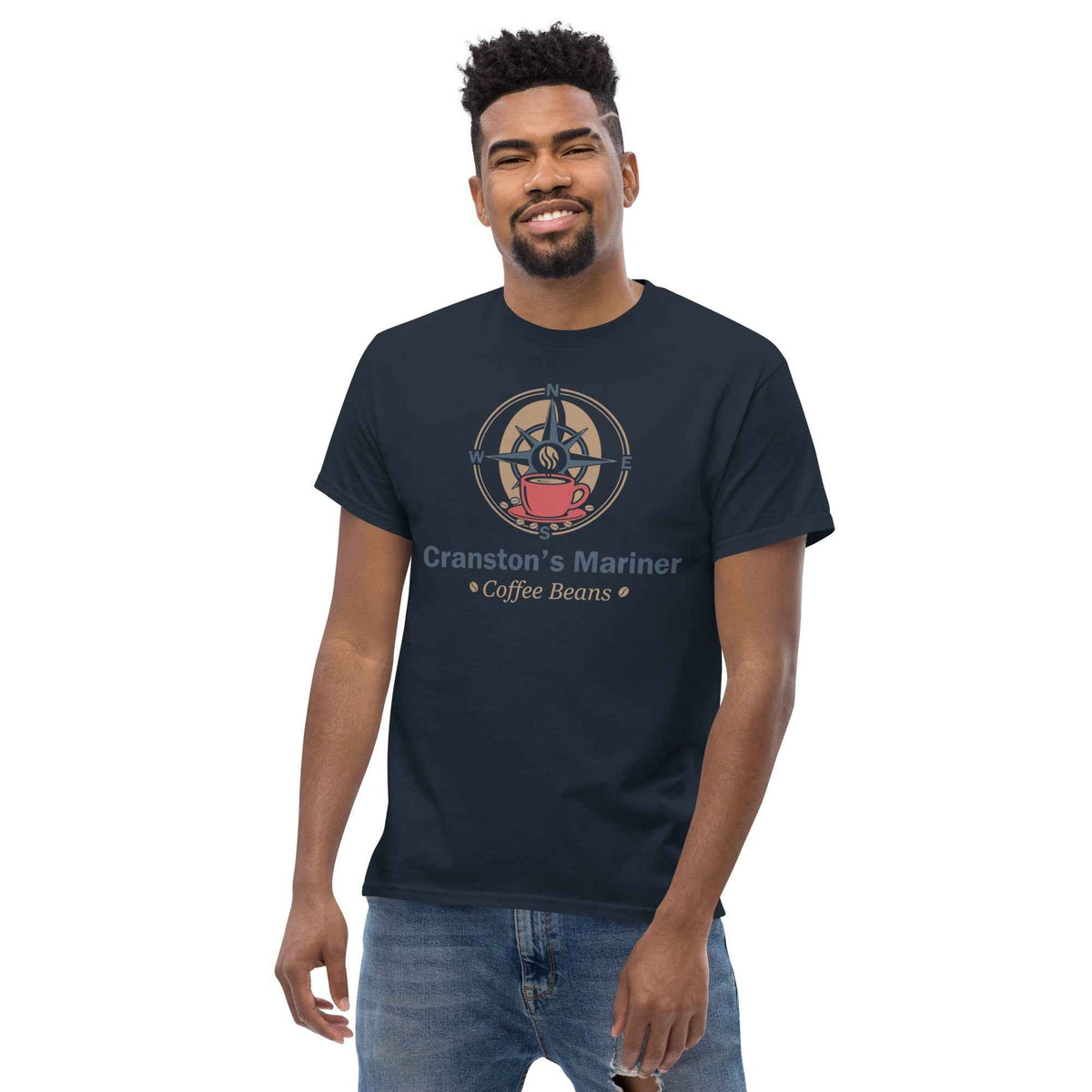 Navy blue unisex tee featuring the Cranston's Mariner Coffee Beans maritime design logo, with blue jeans on a male model