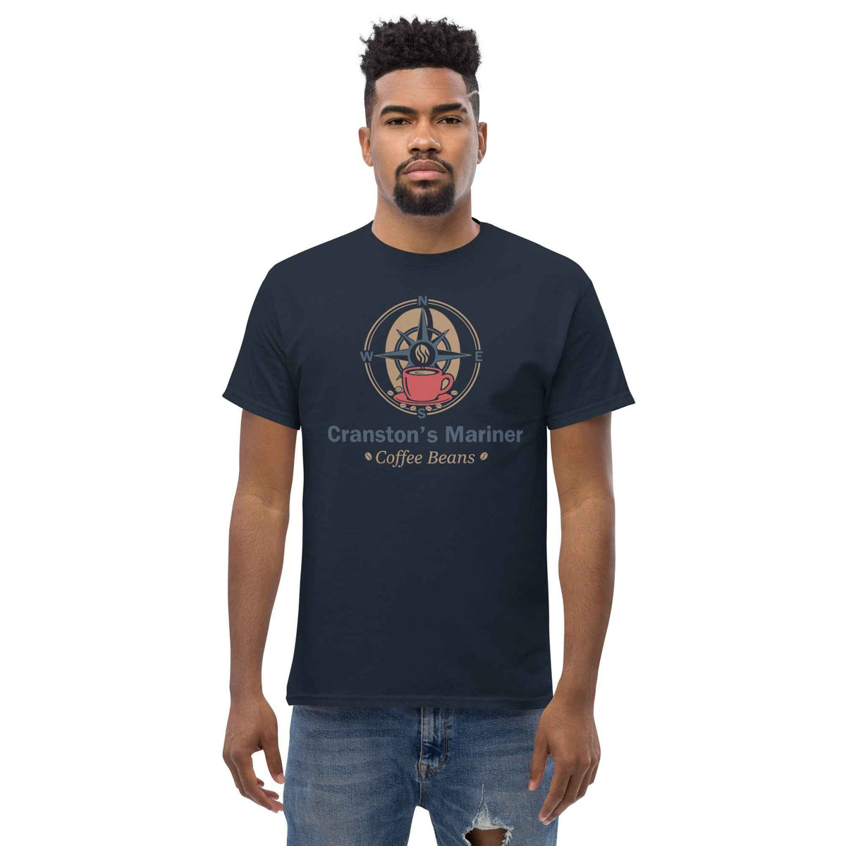 Navy blue unisex t-shirt featuring Cranston's Mariner Coffee Beans nautical compass and cup graphic design logo on male model