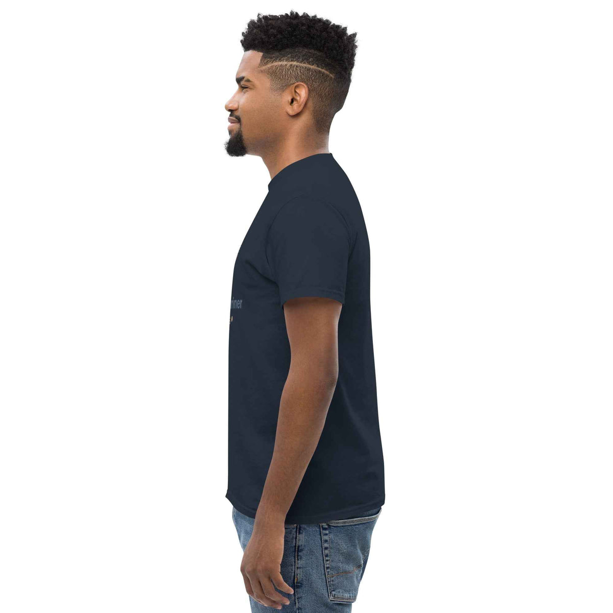 Navy blue unisex classic tee with Cranston's Mariner Coffee Beans cup design, side profile facing left on a male studio model