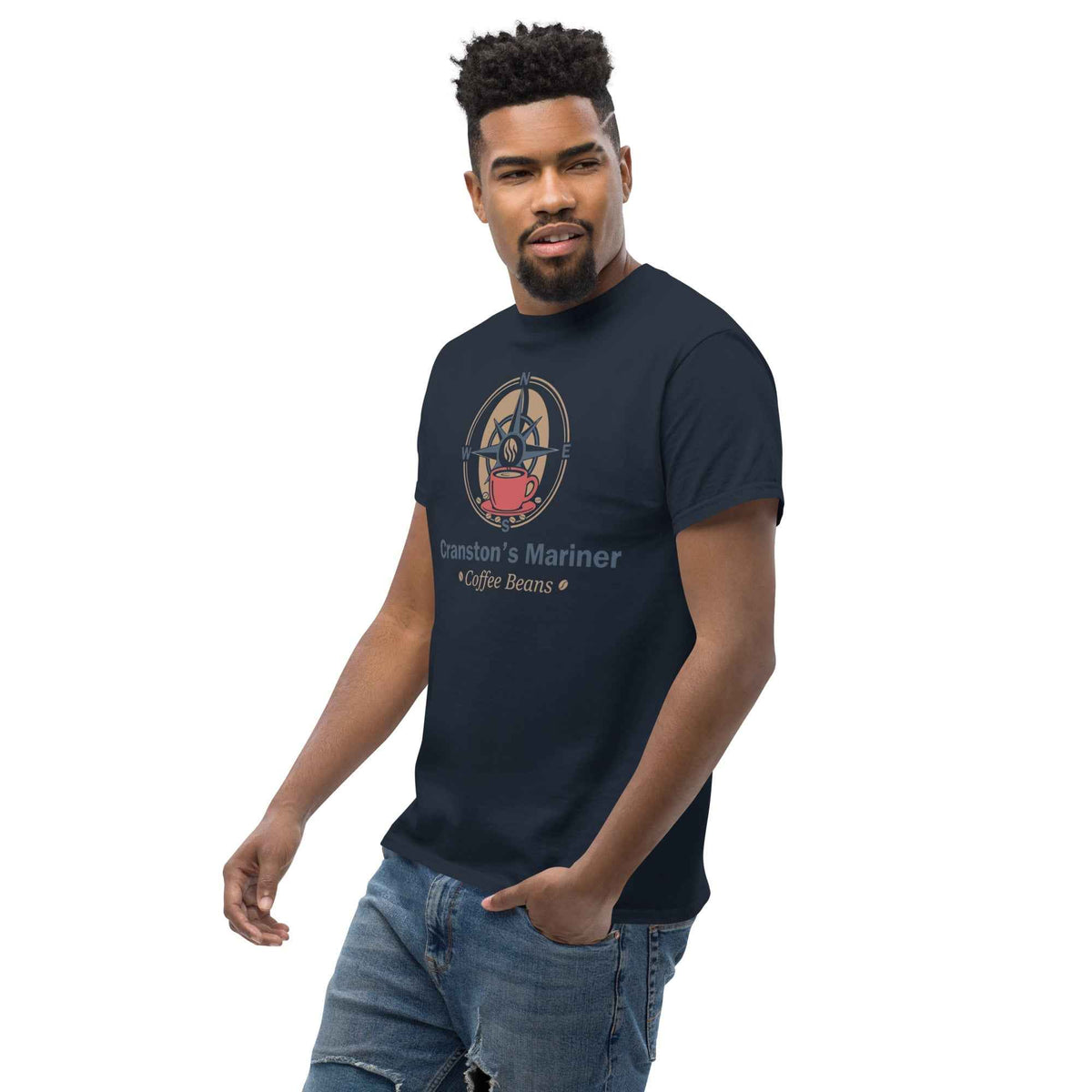 Navy blue unisex classic tee with Cranston's Mariner Coffee Beans design, left three-quarter angle on a male studio model