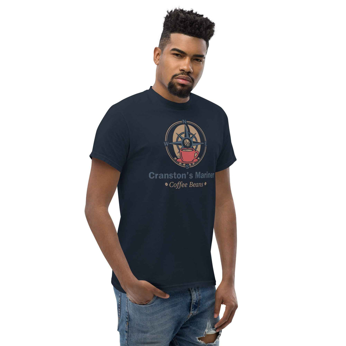 Navy blue unisex classic tee featuring Cranston's Mariner Coffee Beans logo, three-quarter facing right on male studio model